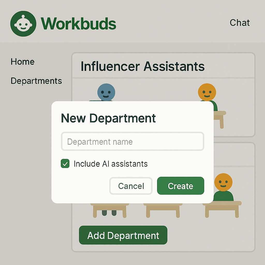Mockup showing how to make a new department in Workbuds